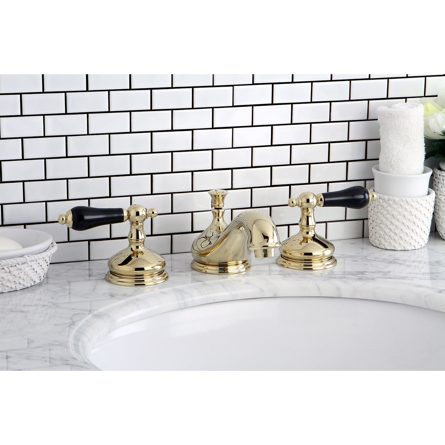 Kingston Heirloom KS1162PKL - Duchess Two-Handle 3-Hole Deck Mount Widespread Bathroom Faucet with Brass Pop-Up, Polished Brass — thumbnail 2